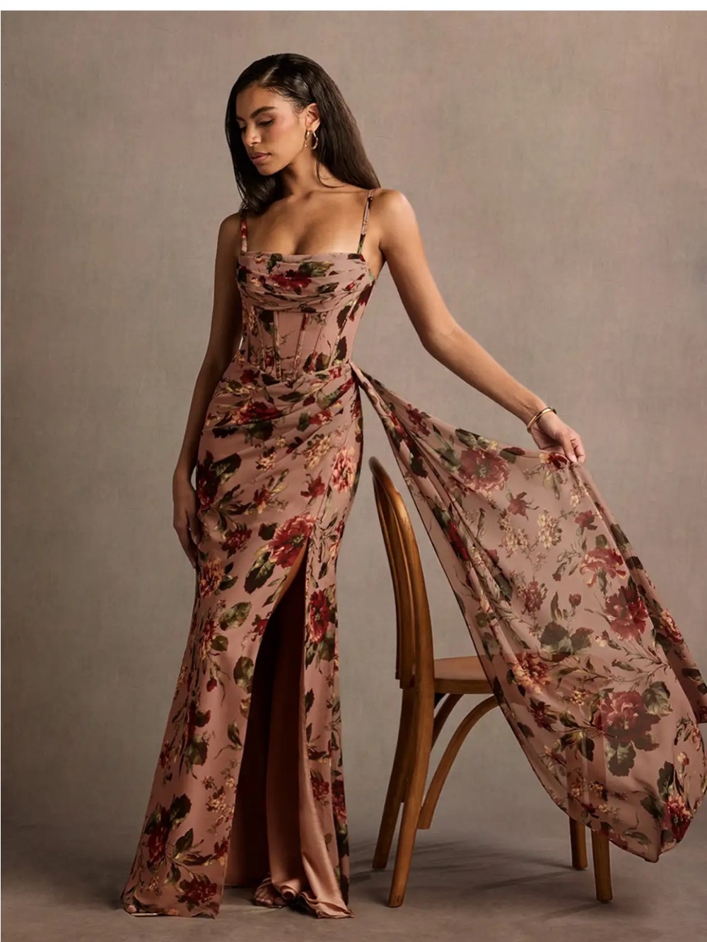 Floral Slip Maxi Dress in Beige with Side Slit - Picture 2 of 6
